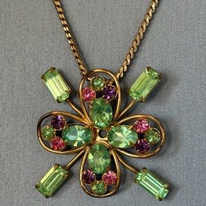 Gold-Tone Green & Pink Crystal Flower Pendant and Necklace